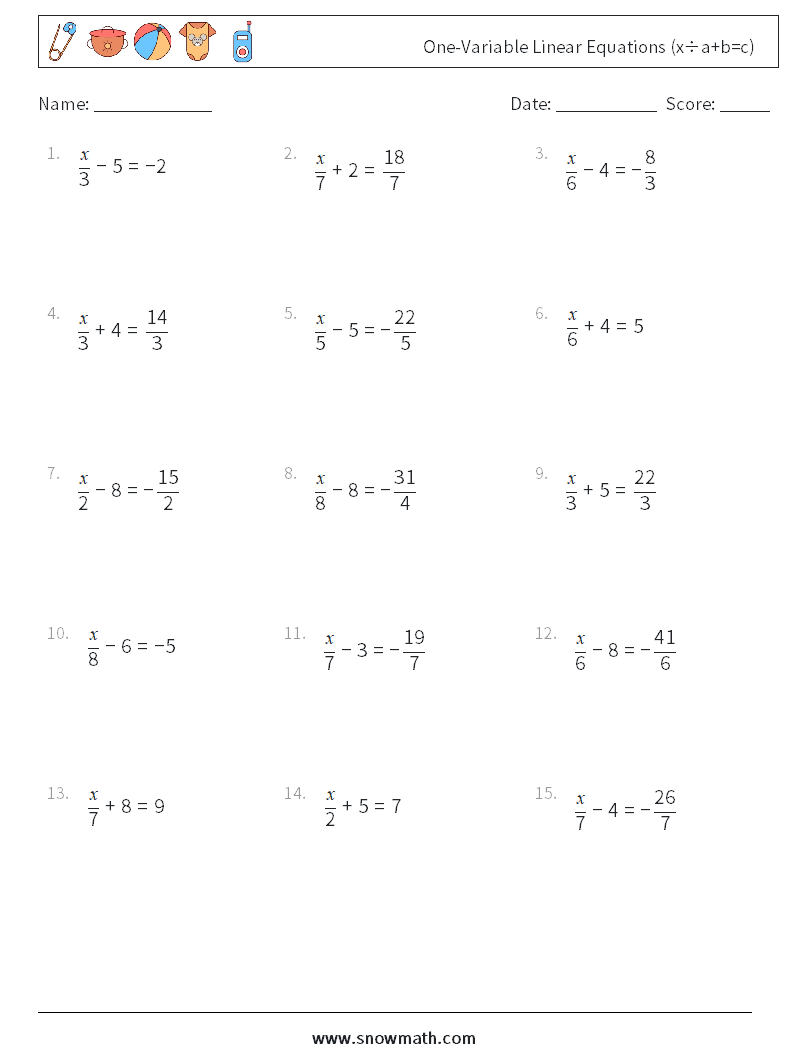 One-Variable Linear Equations (x÷a+b=c) Maths Worksheets 6