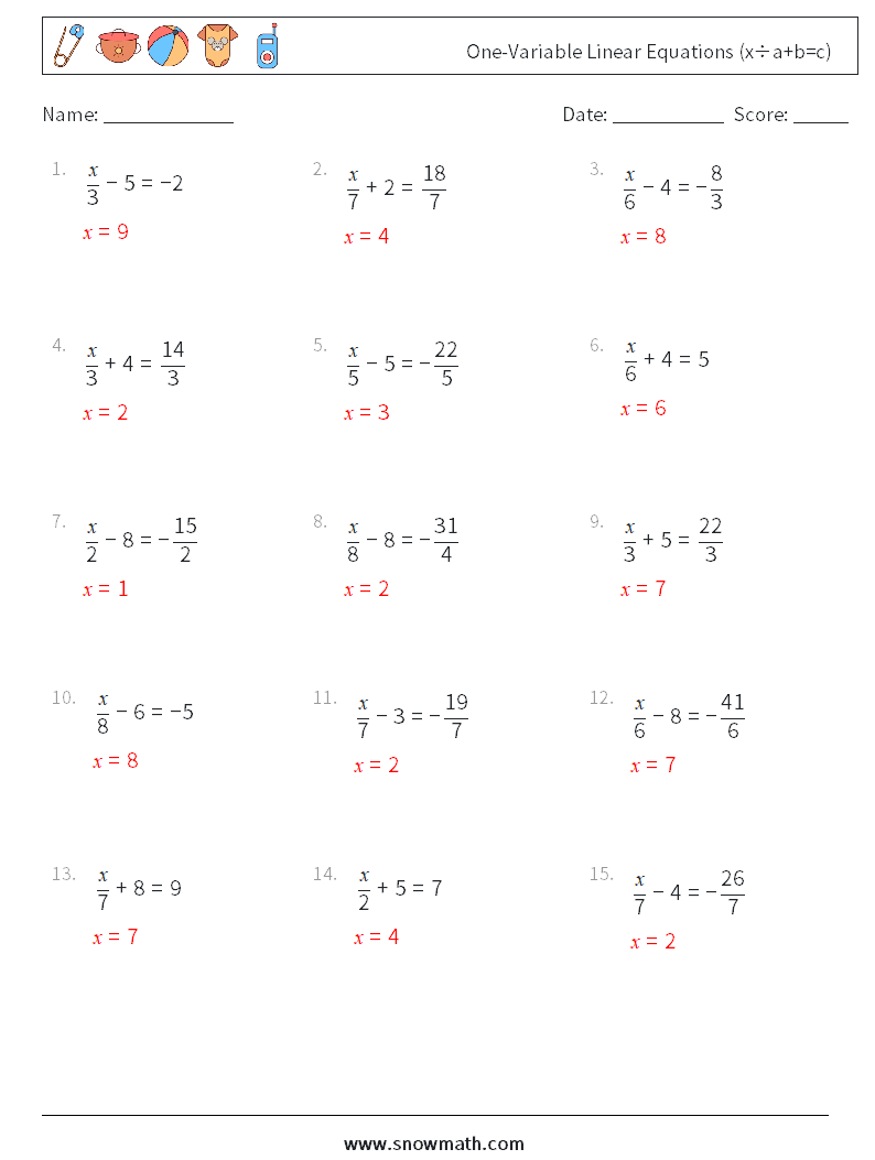 One-Variable Linear Equations (x÷a+b=c) Maths Worksheets 6 Question, Answer