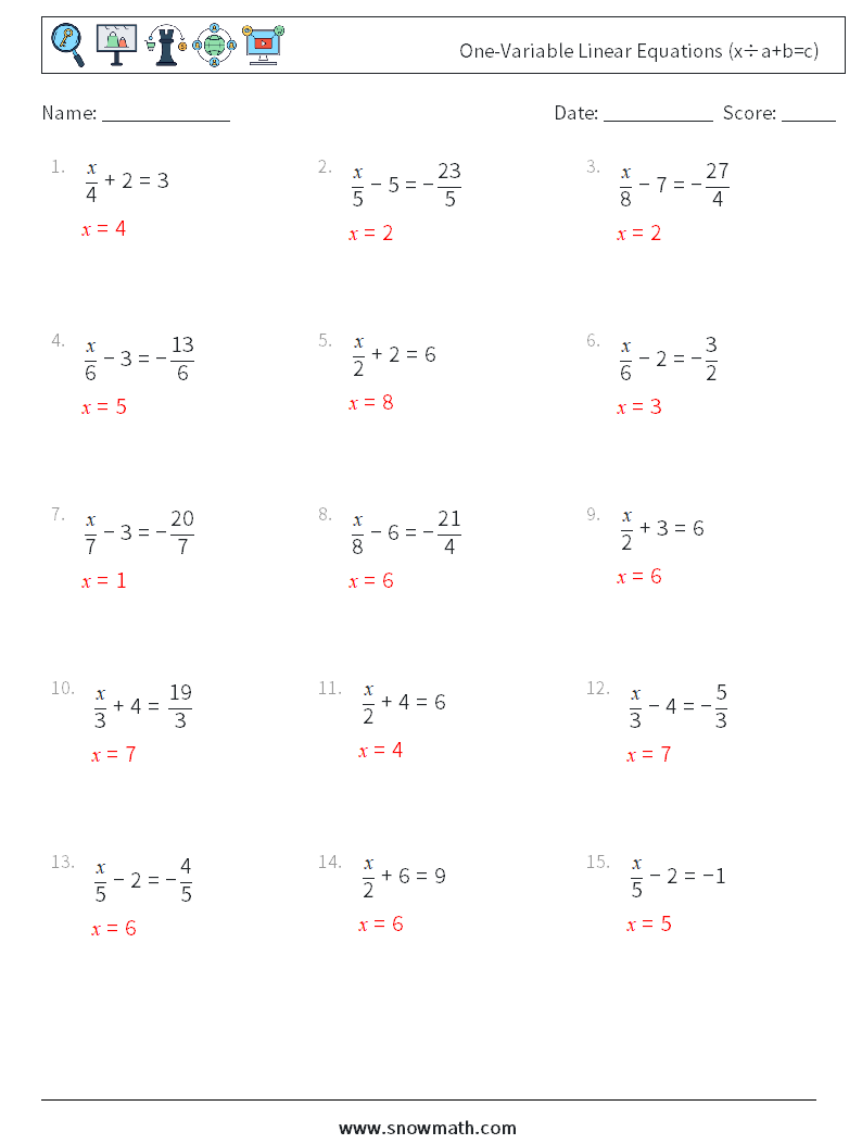 One-Variable Linear Equations (x÷a+b=c) Maths Worksheets 7 Question, Answer
