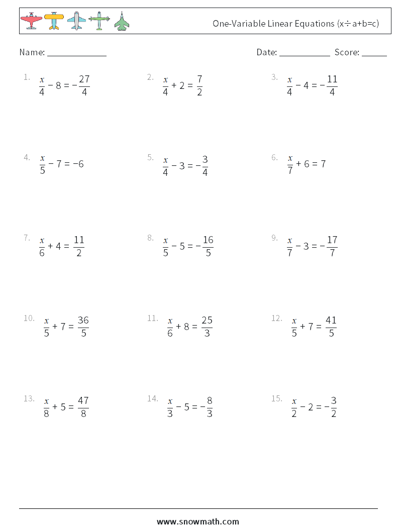 One-Variable Linear Equations (x÷a+b=c) Maths Worksheets 9