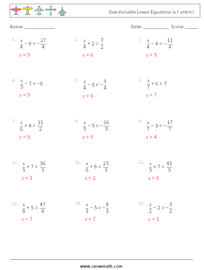 One-Variable Linear Equations (x÷a+b=c) Maths Worksheets 9 Question, Answer