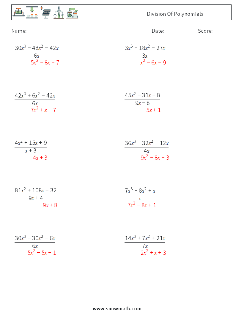 Division Of Polynomials Maths Worksheets 1 Question, Answer