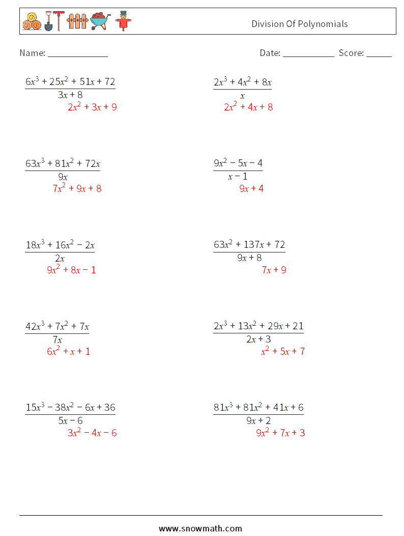 Division Of Polynomials Maths Worksheets 2 Question, Answer