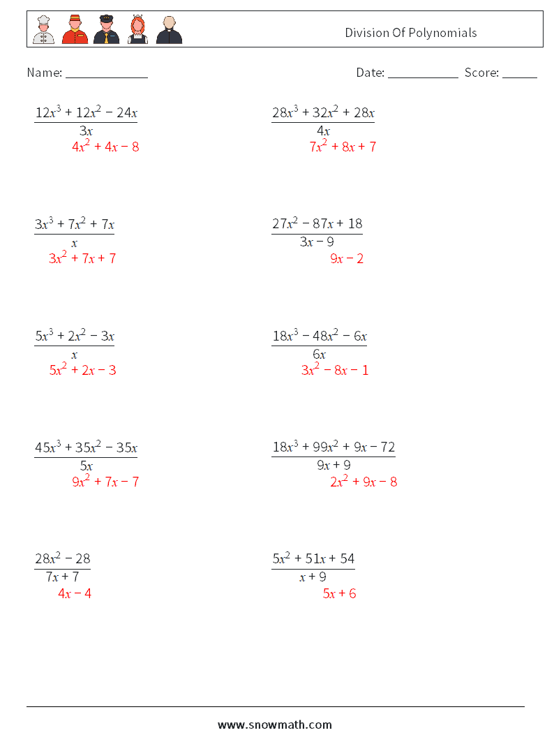 Division Of Polynomials Maths Worksheets 3 Question, Answer