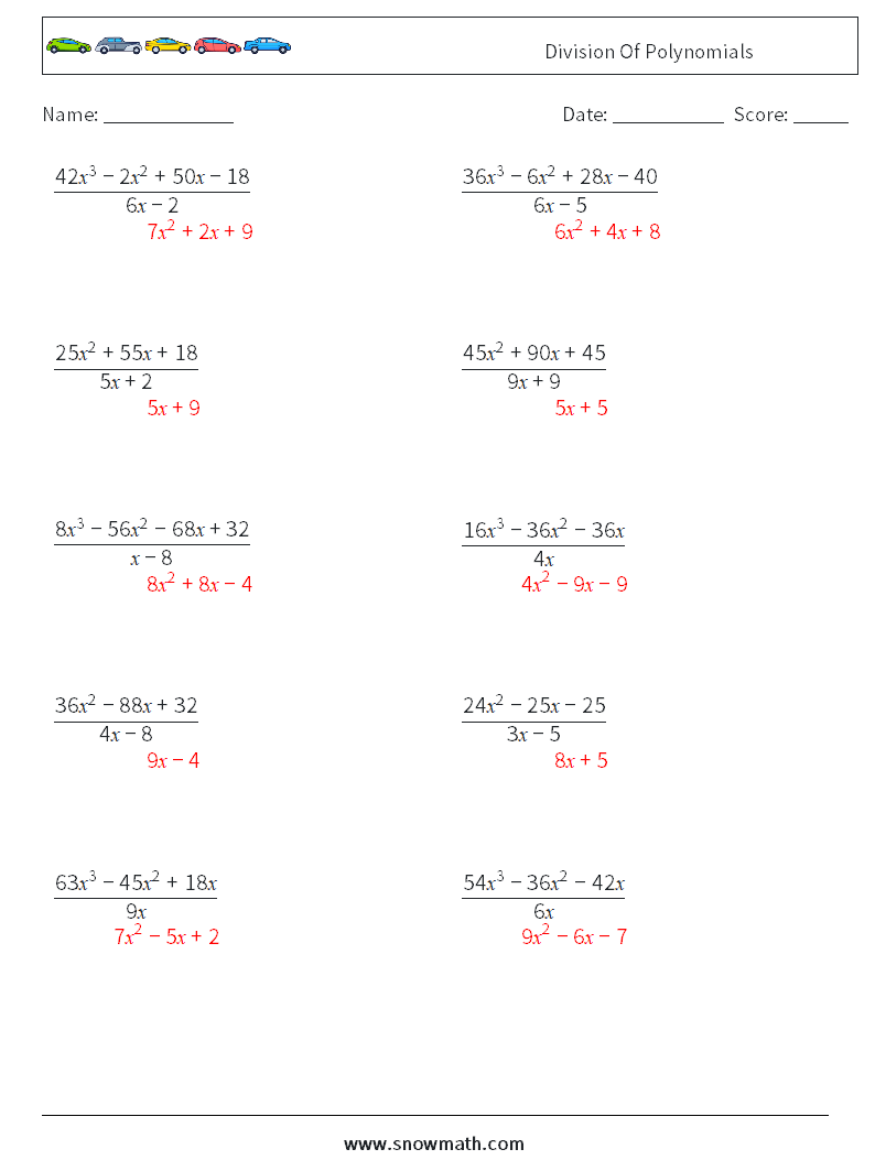 Division Of Polynomials Maths Worksheets 4 Question, Answer