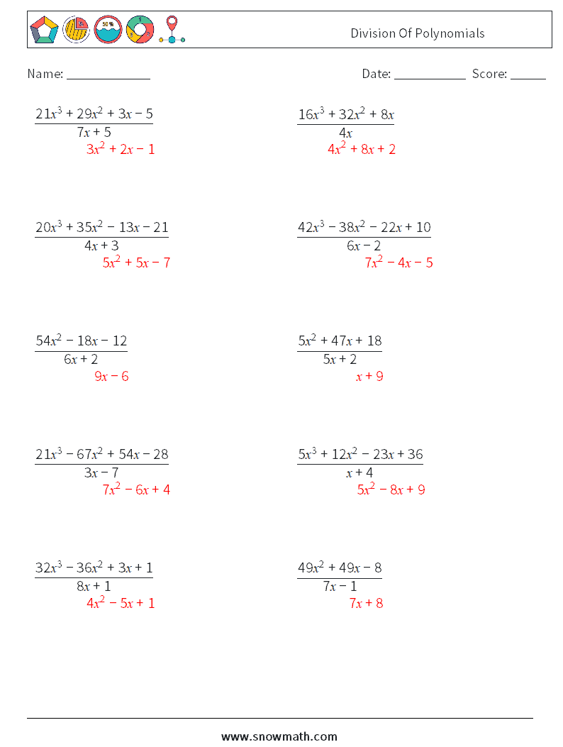 Division Of Polynomials Maths Worksheets 5 Question, Answer