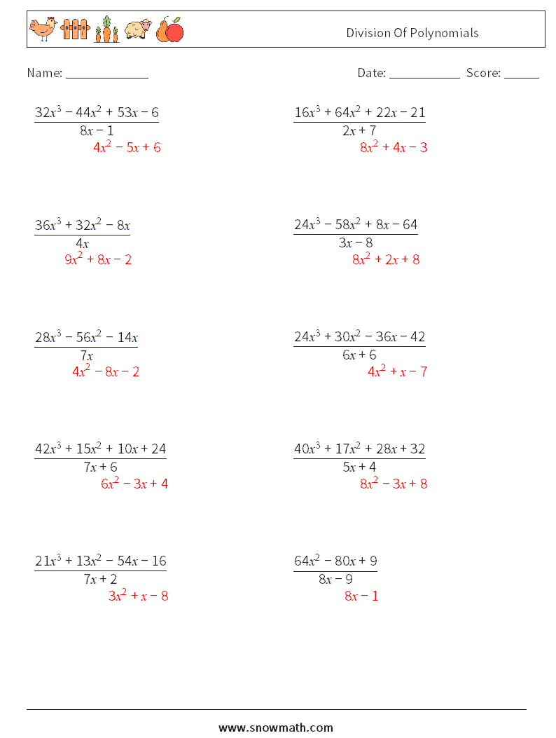 Division Of Polynomials Maths Worksheets 6 Question, Answer