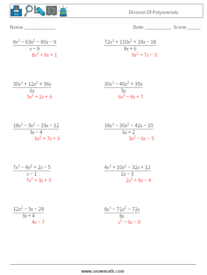 Division Of Polynomials Maths Worksheets 7 Question, Answer