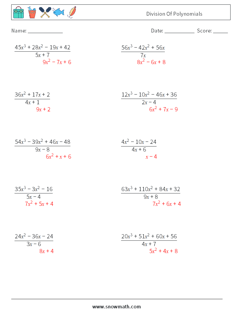 Division Of Polynomials Maths Worksheets 8 Question, Answer