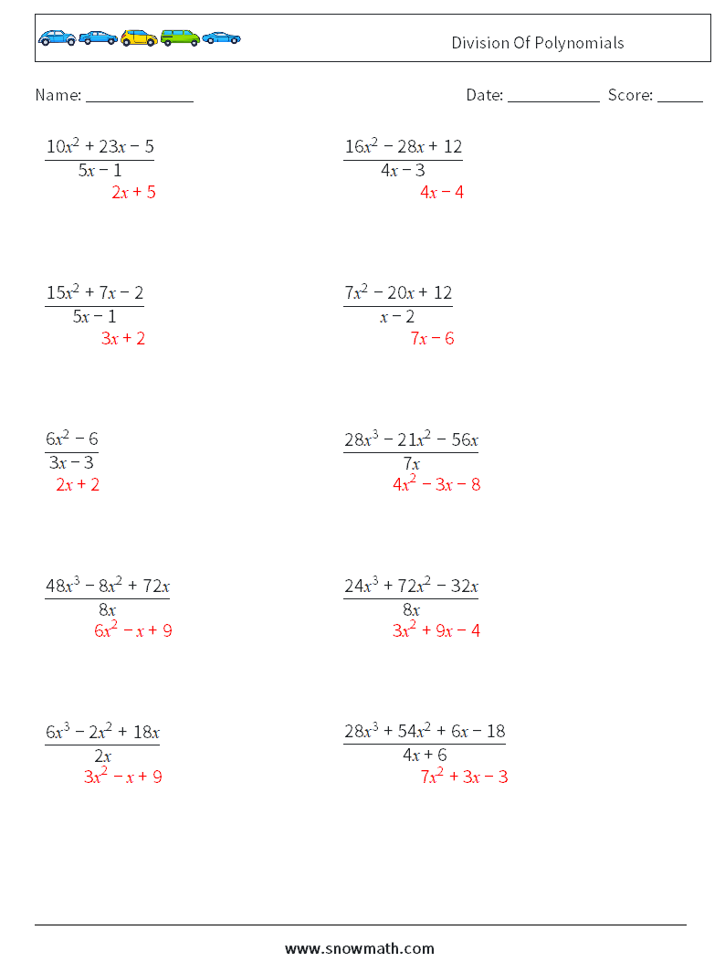 Division Of Polynomials Maths Worksheets 9 Question, Answer