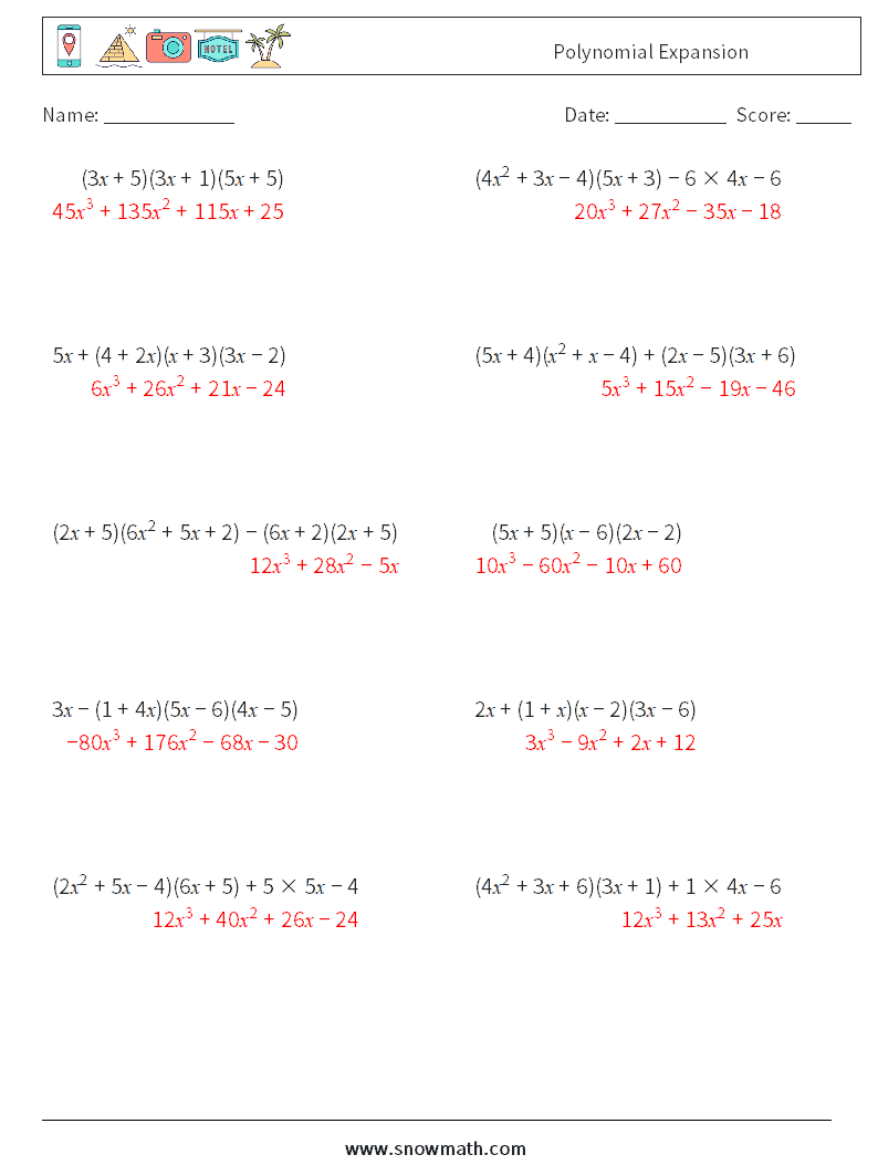 Polynomial Expansion Maths Worksheets 1 Question, Answer