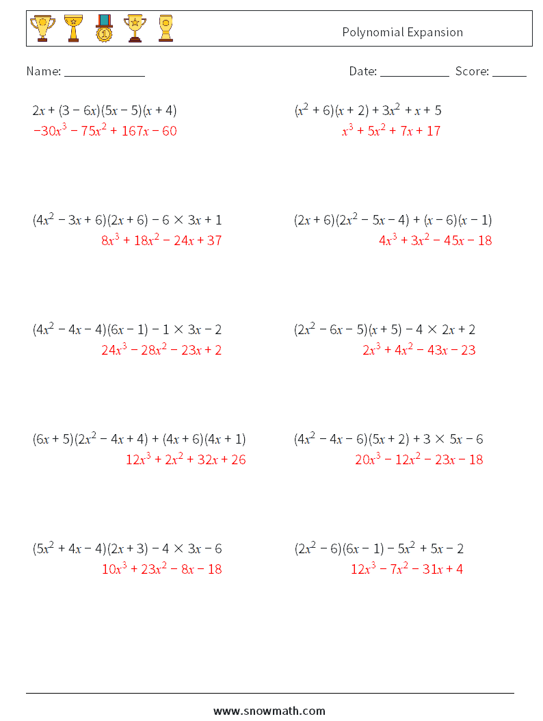 Polynomial Expansion Maths Worksheets 3 Question, Answer