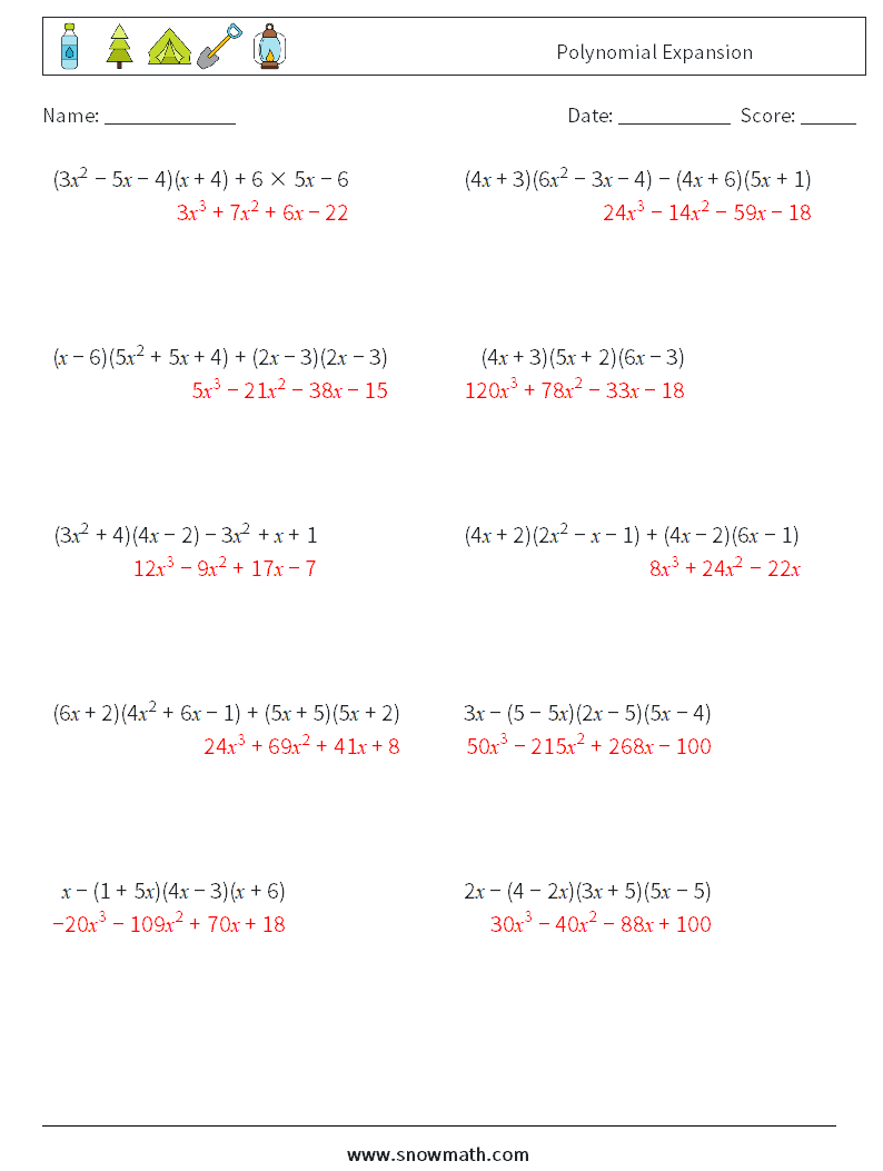 Polynomial Expansion Maths Worksheets 5 Question, Answer