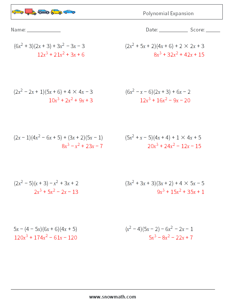 Polynomial Expansion Maths Worksheets 8 Question, Answer