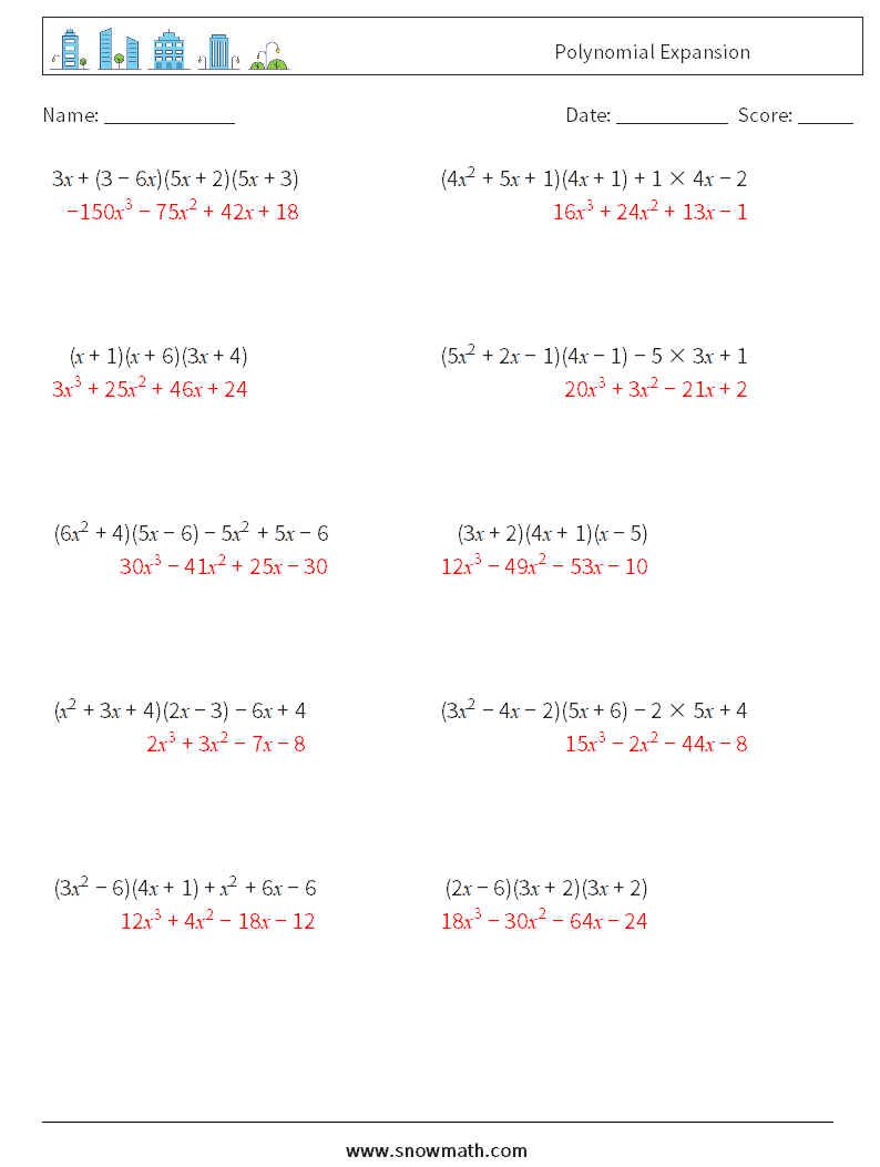 Polynomial Expansion Maths Worksheets 9 Question, Answer