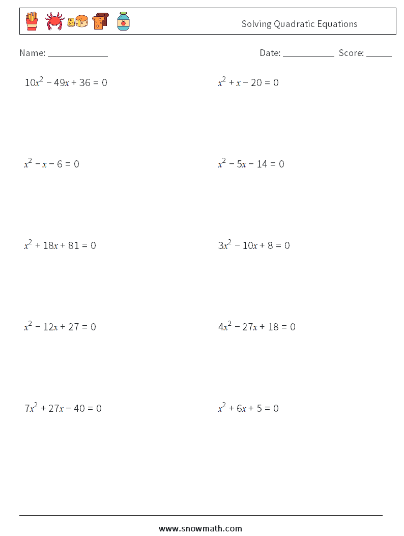 Solving Quadratic Equations Maths Worksheets 1