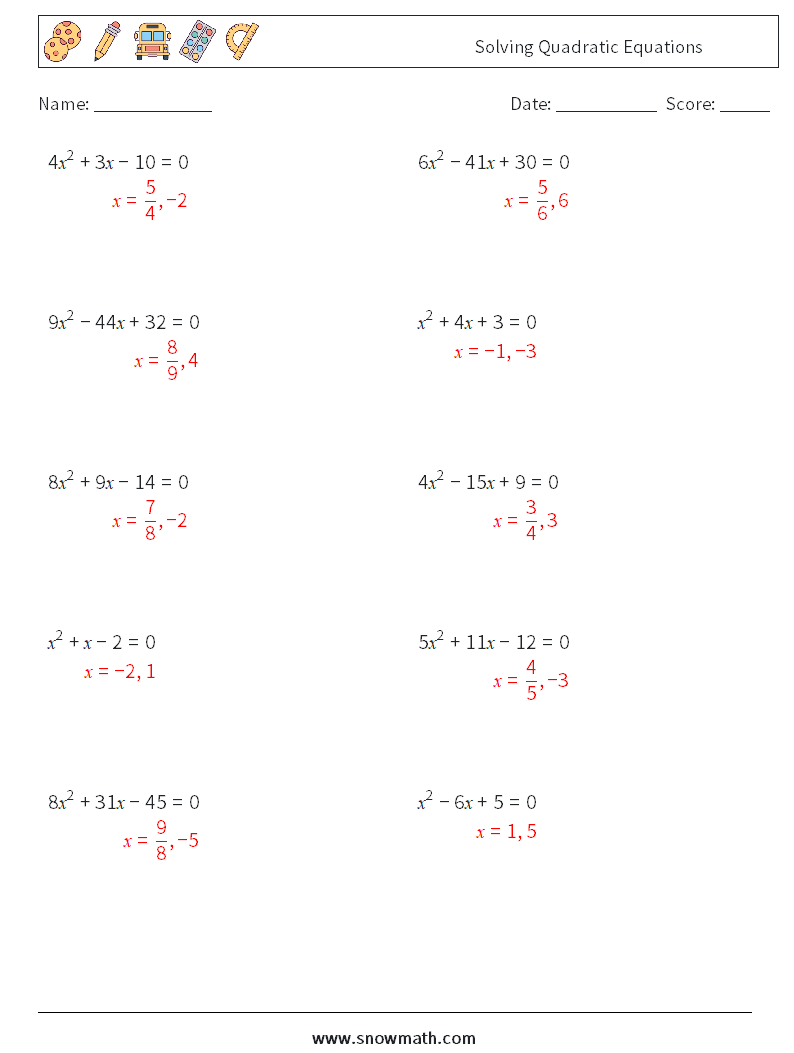 Solving Quadratic Equations Maths Worksheets 3 Question, Answer