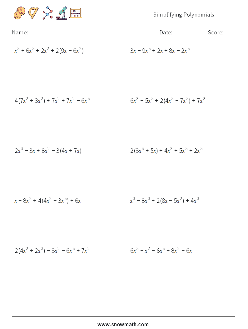 Simplifying Polynomials Maths Worksheets 1