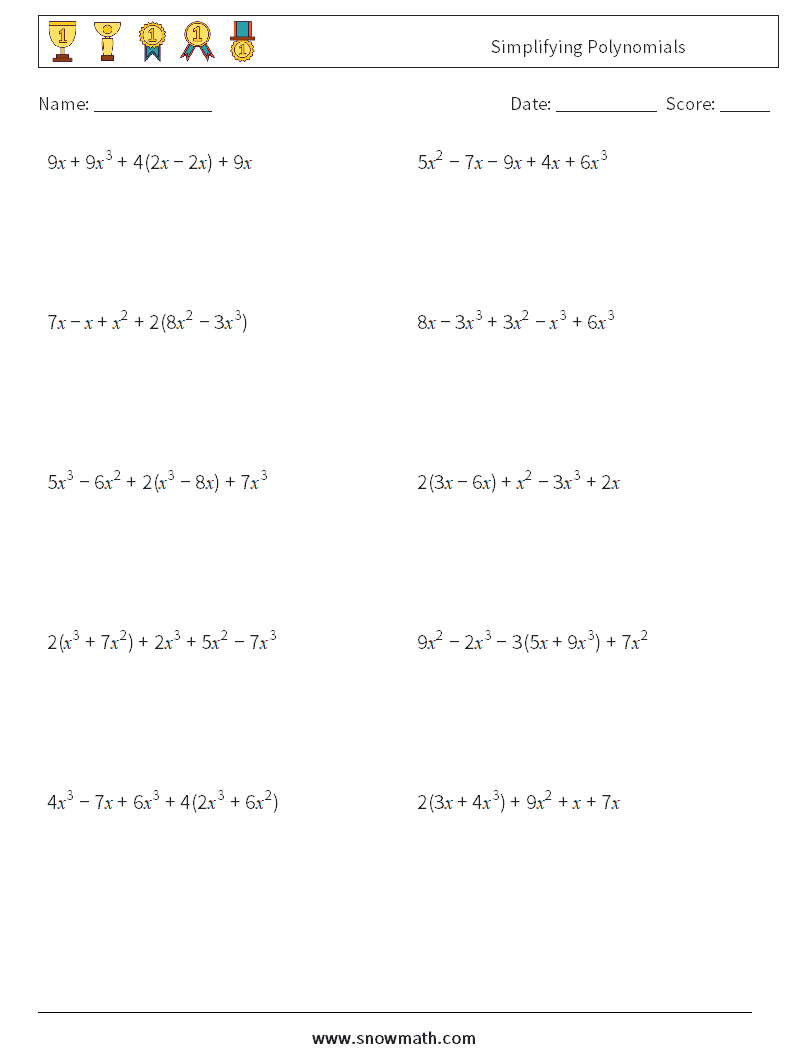 Simplifying Polynomials Maths Worksheets 2