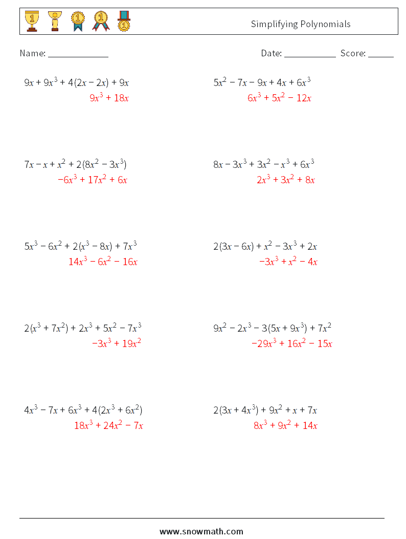 Simplifying Polynomials Maths Worksheets 2 Question, Answer