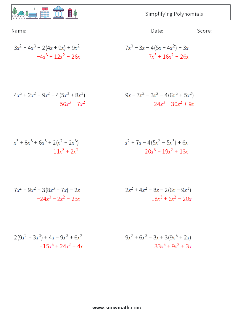 Simplifying Polynomials Maths Worksheets 4 Question, Answer