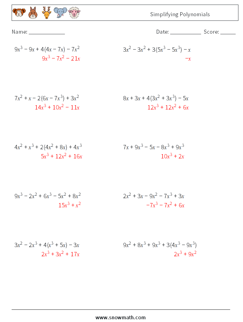 Simplifying Polynomials Maths Worksheets 9 Question, Answer