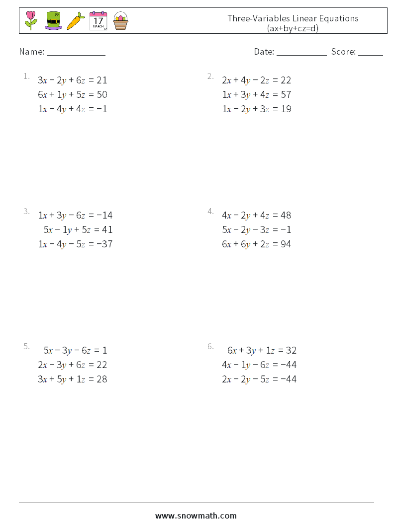 Three-Variables Linear Equations (ax+by+cz=d) Maths Worksheets 14