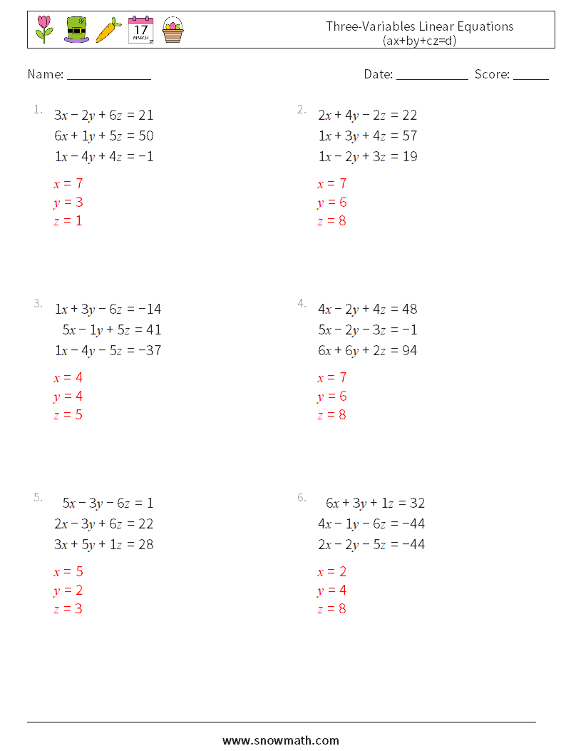 Three-Variables Linear Equations (ax+by+cz=d) Maths Worksheets 14 Question, Answer