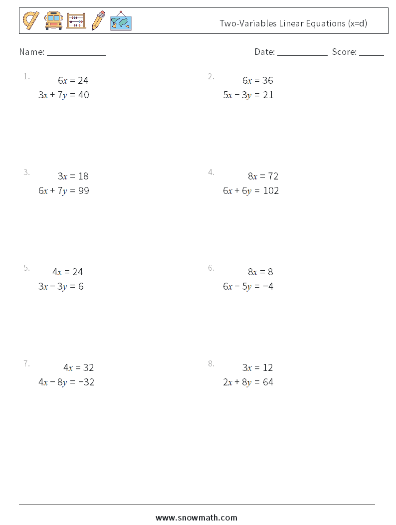 Two-Variables Linear Equations (x=d) Maths Worksheets 1