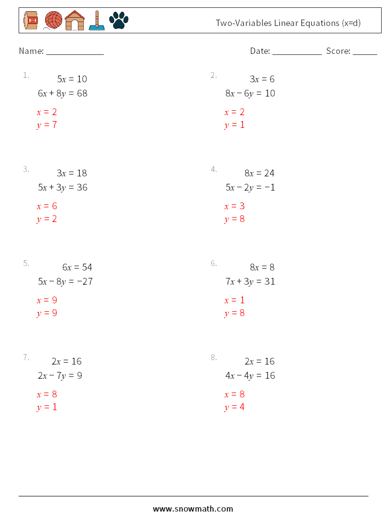 Two-Variables Linear Equations (x=d) Maths Worksheets 10 Question, Answer