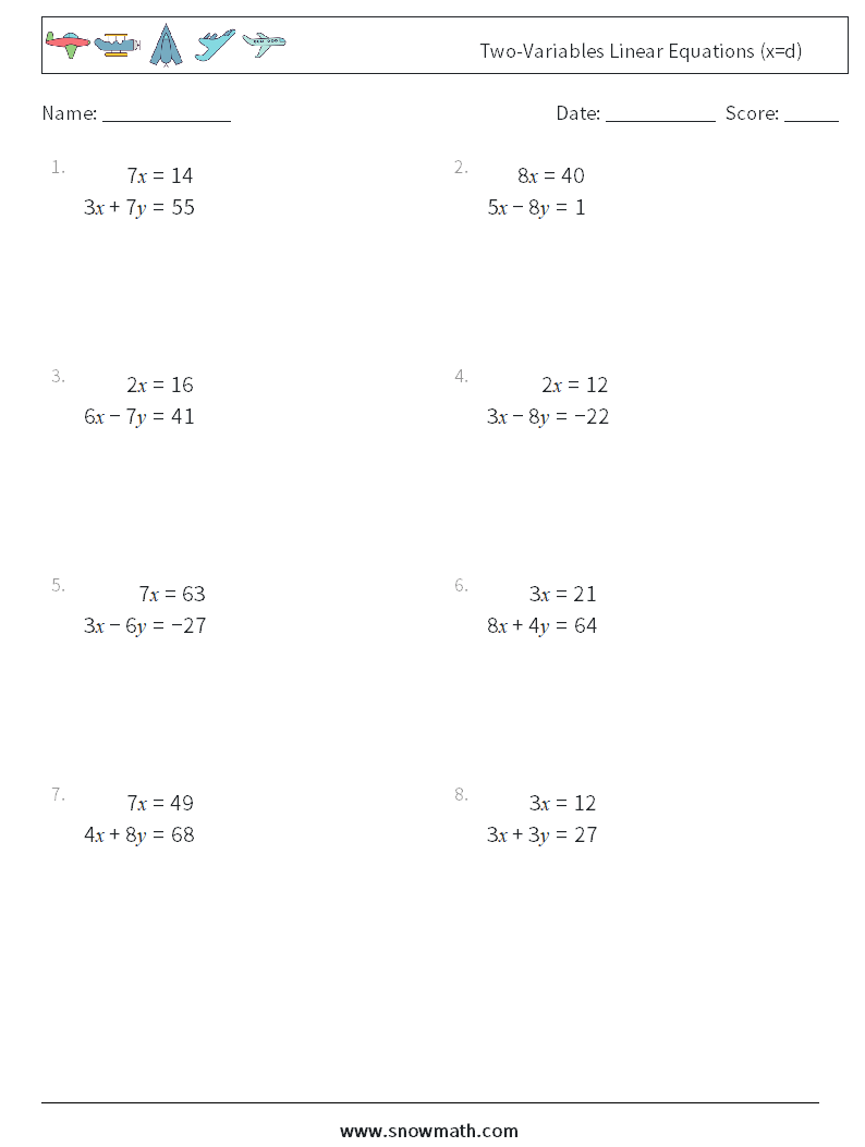 Two-Variables Linear Equations (x=d) Maths Worksheets 11