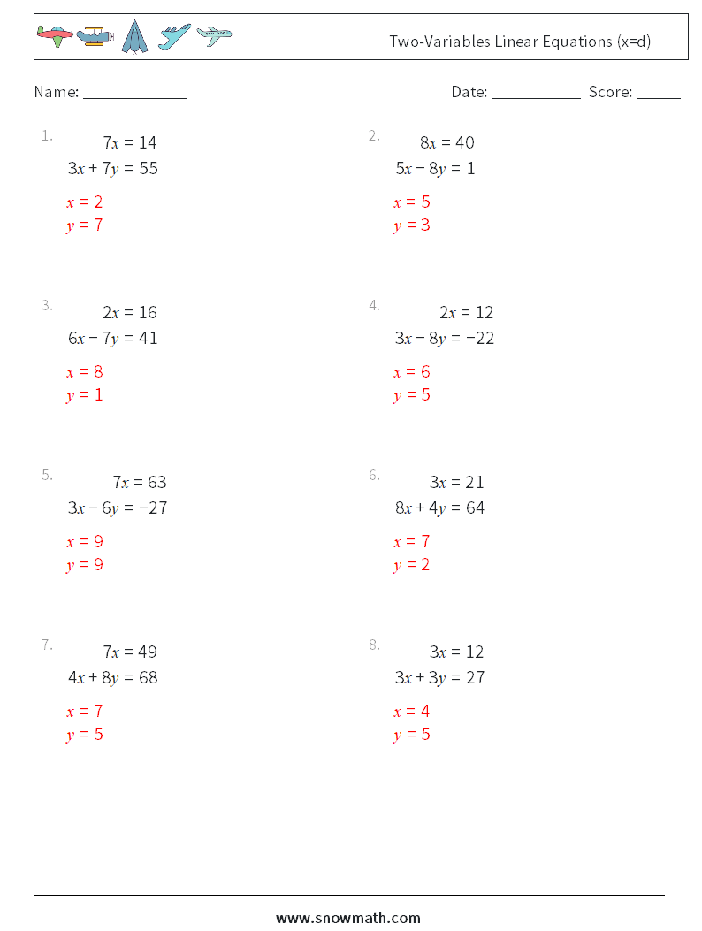 Two-Variables Linear Equations (x=d) Maths Worksheets 11 Question, Answer