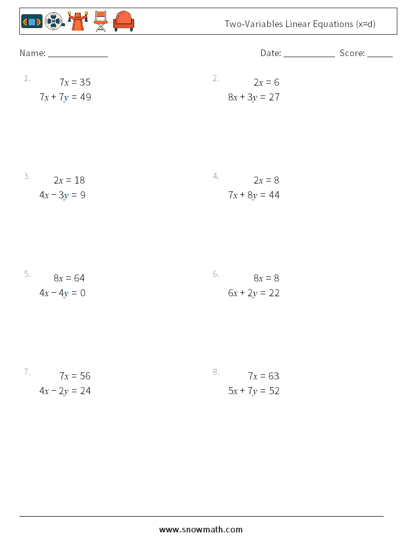 Two-Variables Linear Equations (x=d) Maths Worksheets 12