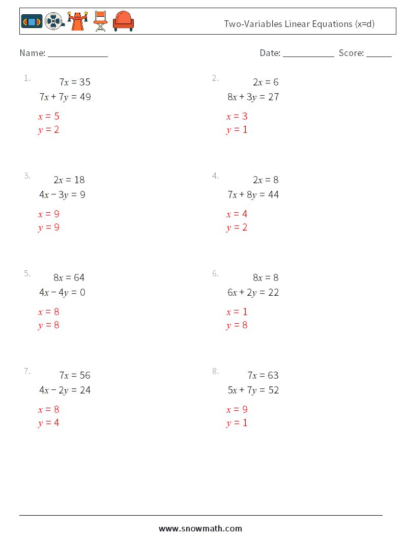 Two-Variables Linear Equations (x=d) Maths Worksheets 12 Question, Answer