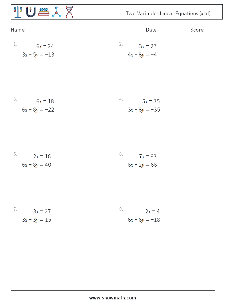 Two-Variables Linear Equations (x=d) Maths Worksheets 13