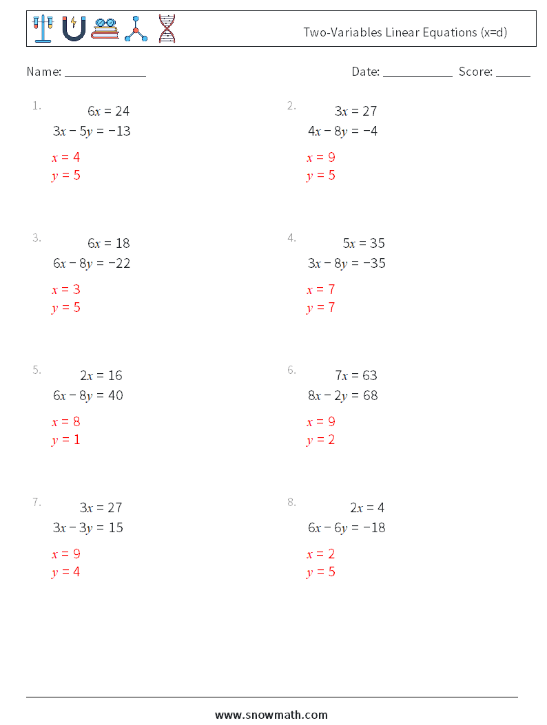 Two-Variables Linear Equations (x=d) Maths Worksheets 13 Question, Answer