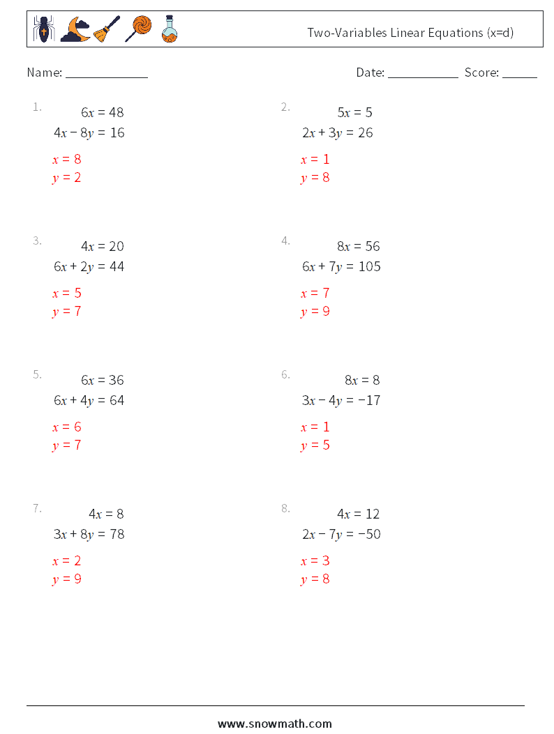 Two-Variables Linear Equations (x=d) Maths Worksheets 14 Question, Answer