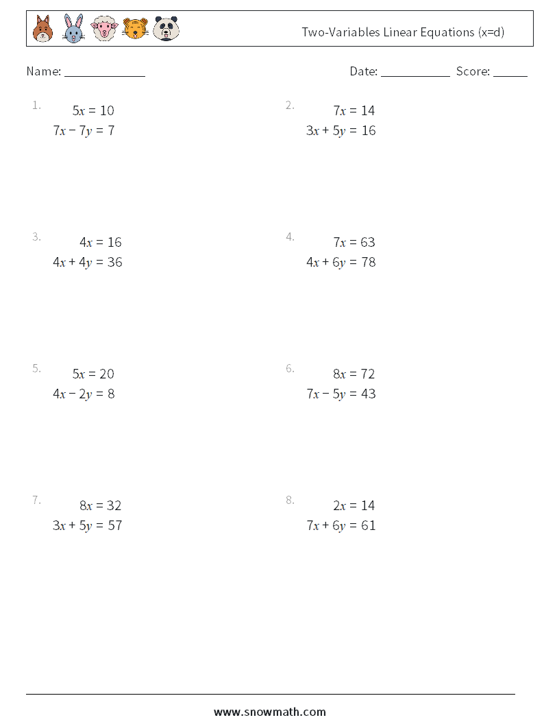 Two-Variables Linear Equations (x=d) Maths Worksheets 15