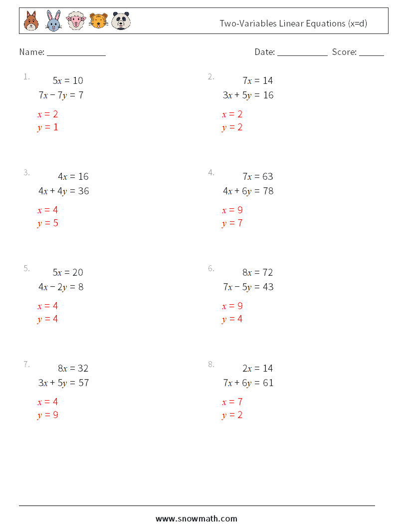 Two-Variables Linear Equations (x=d) Maths Worksheets 15 Question, Answer