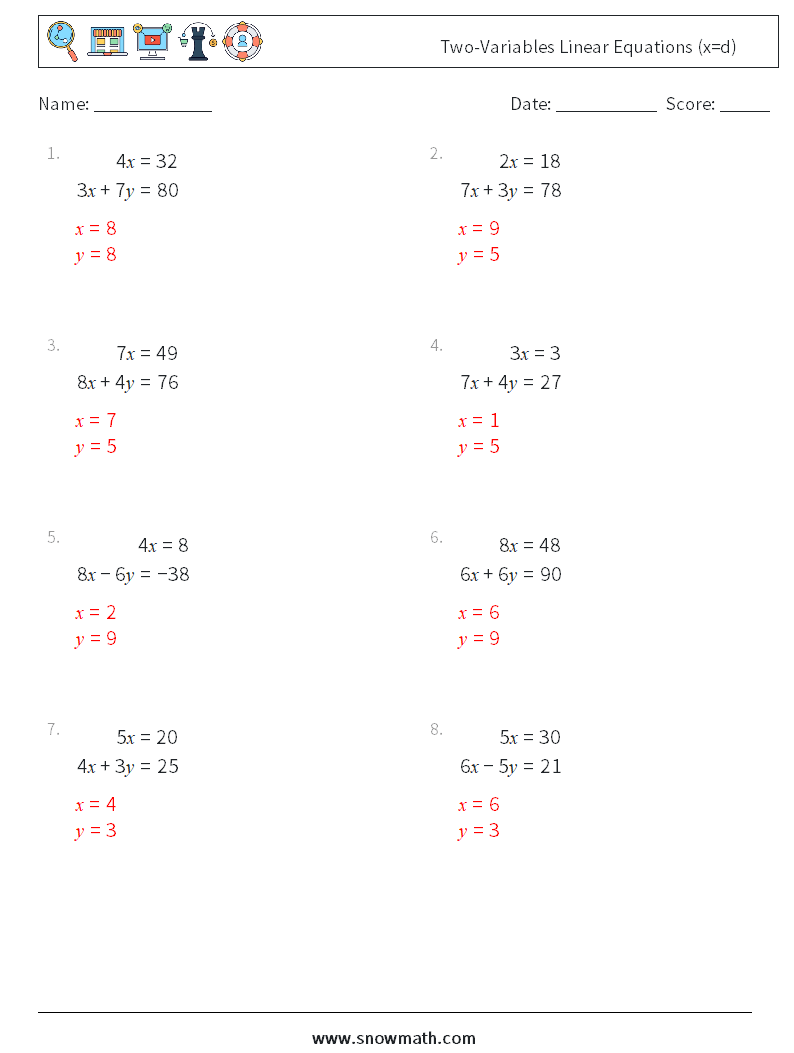 Two-Variables Linear Equations (x=d) Maths Worksheets 16 Question, Answer