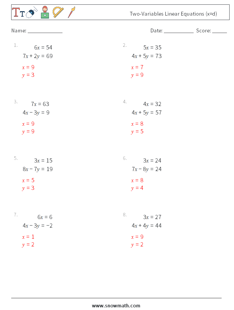 Two-Variables Linear Equations (x=d) Maths Worksheets 17 Question, Answer