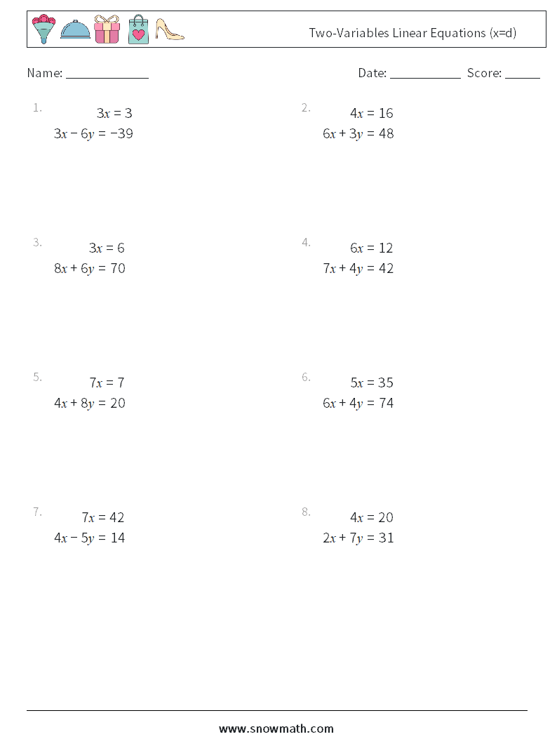 Two-Variables Linear Equations (x=d) Maths Worksheets 18