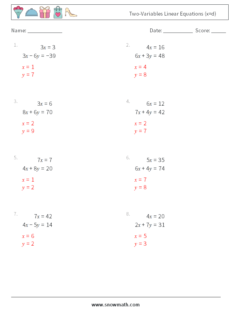 Two-Variables Linear Equations (x=d) Maths Worksheets 18 Question, Answer