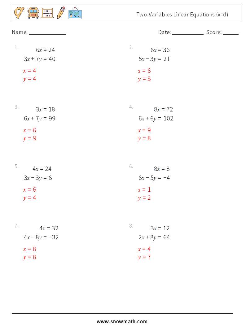 Two-Variables Linear Equations (x=d) Maths Worksheets 1 Question, Answer