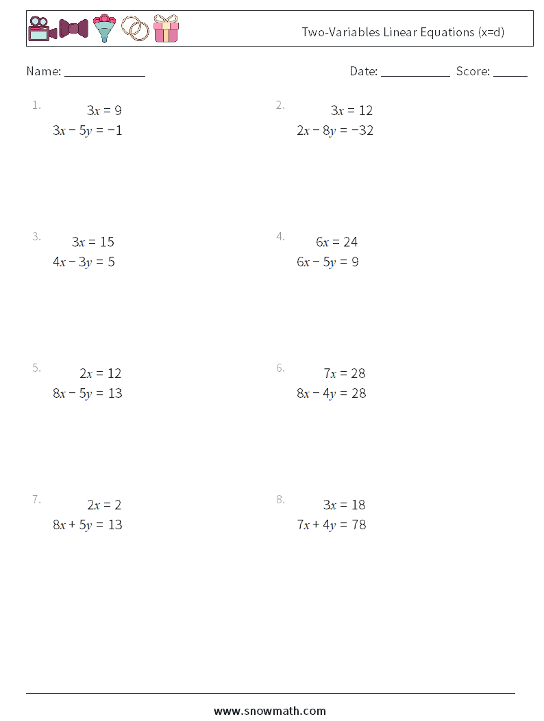 Two-Variables Linear Equations (x=d) Maths Worksheets 2