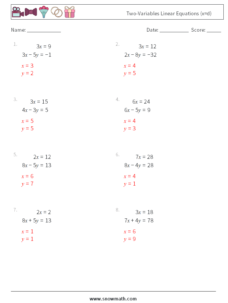 Two-Variables Linear Equations (x=d) Maths Worksheets 2 Question, Answer