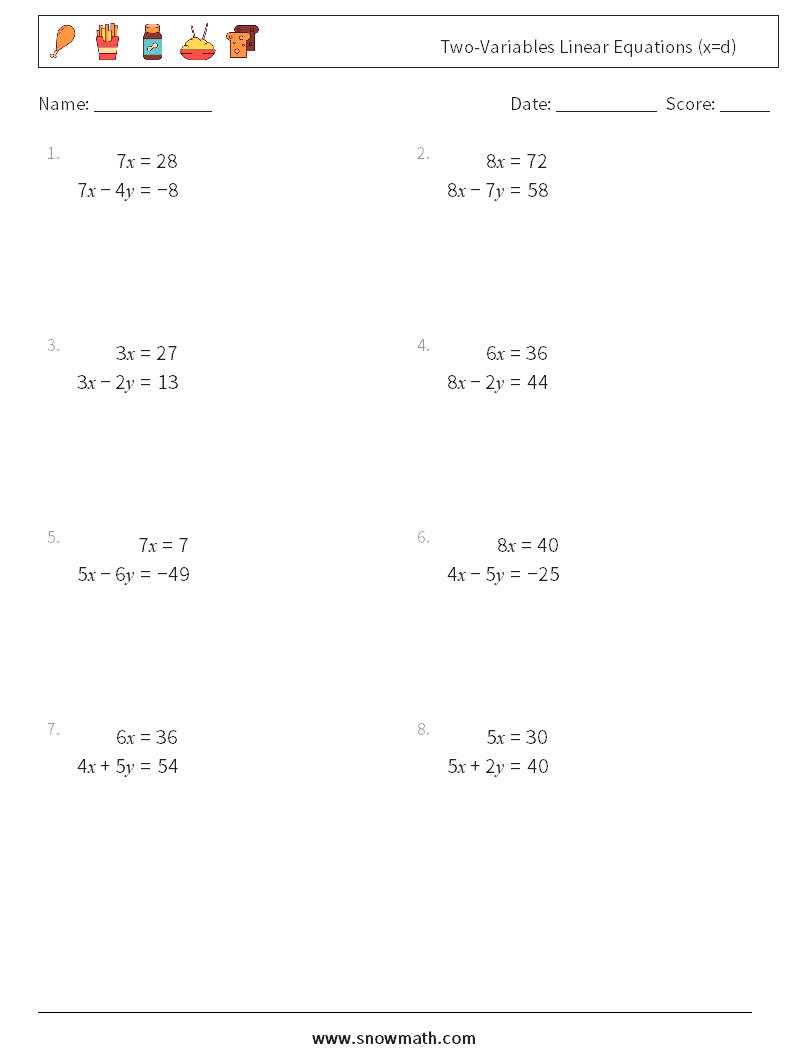Two-Variables Linear Equations (x=d) Maths Worksheets 3