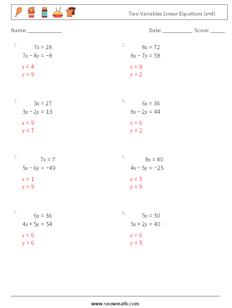 Two-Variables Linear Equations (x=d) Maths Worksheets 3 Question, Answer