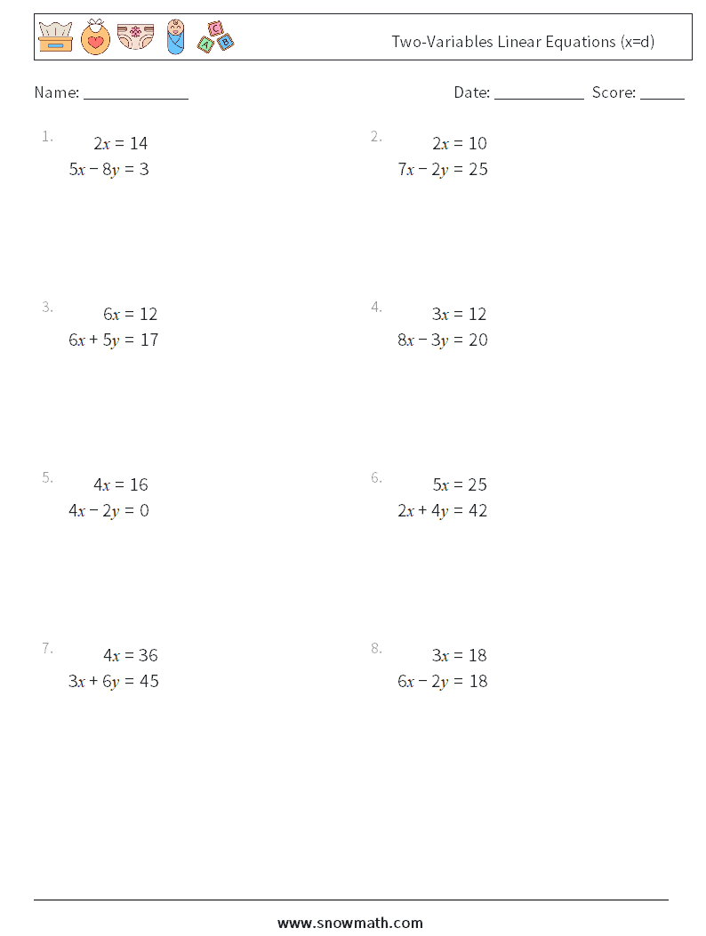 Two-Variables Linear Equations (x=d) Maths Worksheets 5