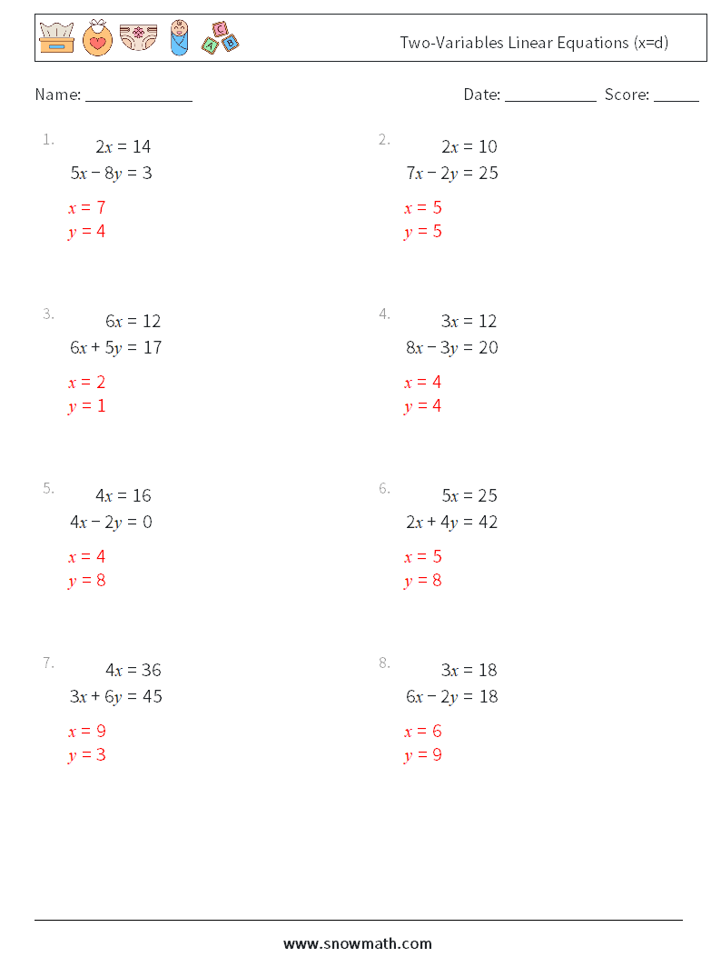Two-Variables Linear Equations (x=d) Maths Worksheets 5 Question, Answer
